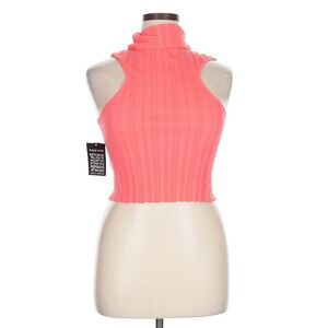 The LineByK XL Etta Turtleneck Electric Coral Sleeveless Ribbed Knit Top Halter‎